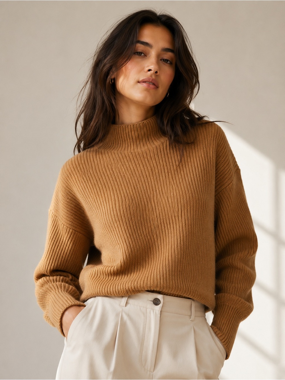 A.L.C. Helena Cashmere Wool Ribbed Mock Neck Crop Sweater Camel Petite S